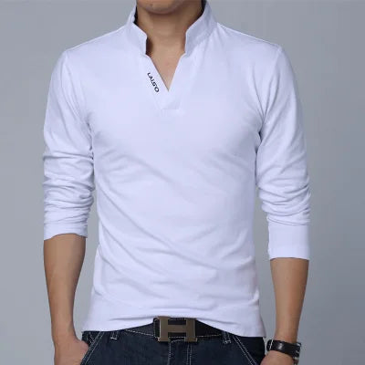 2023 T-Shirt Men Spring Cotton T Shirt Men Solid Color Tshirt Mandarin Collar Long Sleeve Top Men Brand Slim Fit Tee Shirts 5XL