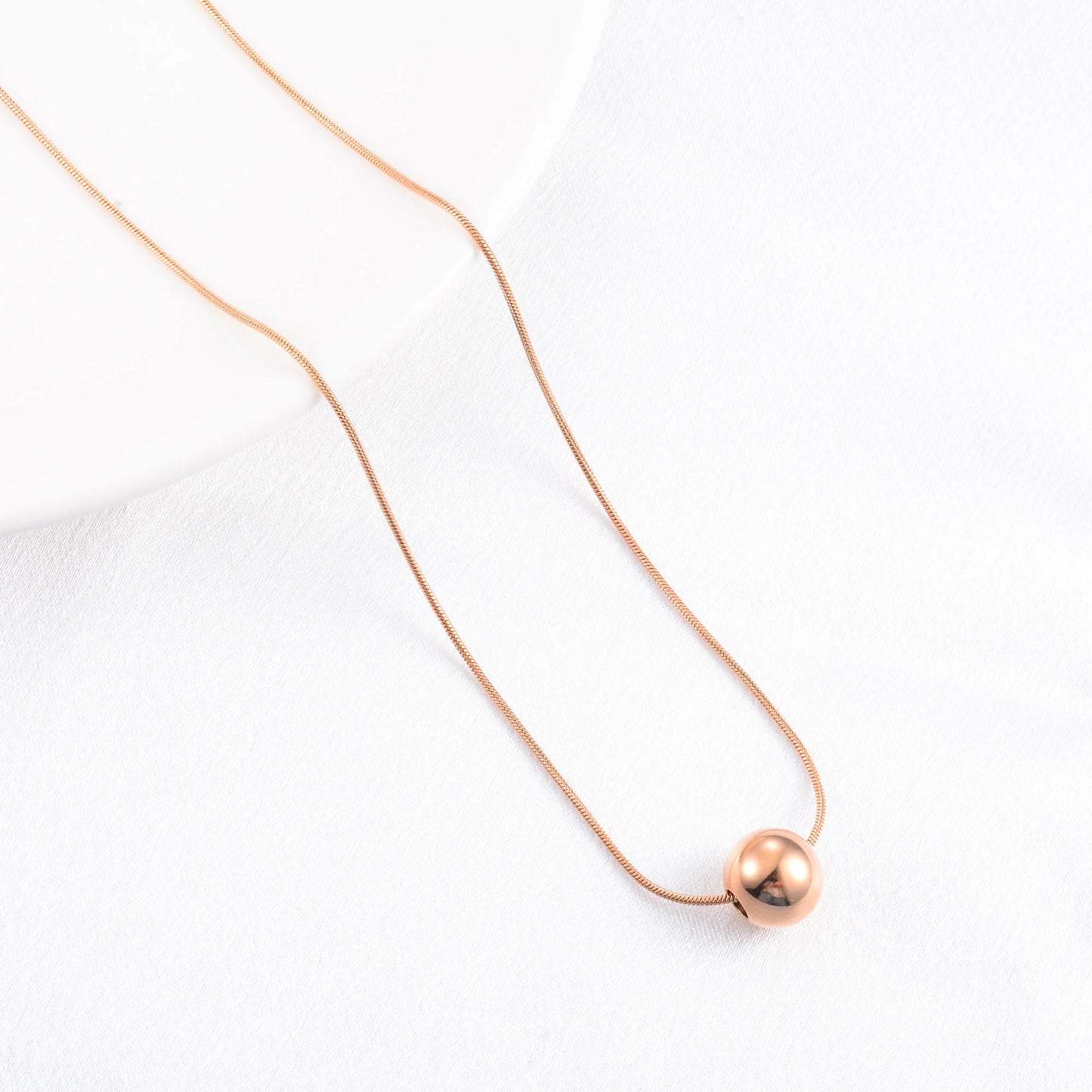 Rose Gold Color Plated Choker Stainless Steel Round Snake Chain Necklace with Big Bead Pendant and Extension for Women Girl