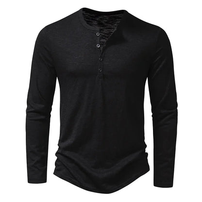 Autumn New Men's Cotton Button Long Sleeve  Henley Neck T-Shirt Casual Solid Color Breathable Versatile Fashion Slim T-Shirts
